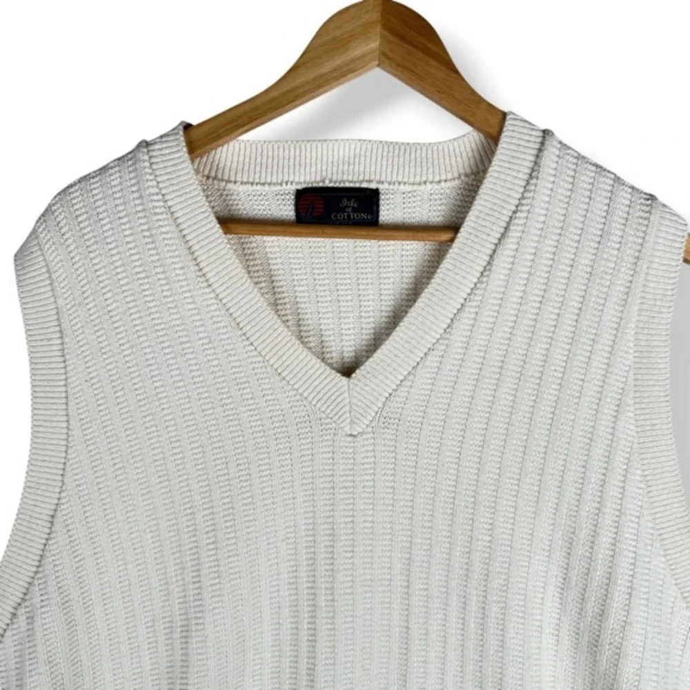 Vintage Isle of Cotton Sweater Vest Mens Size Large Cream Made in USA‎ Preppy
